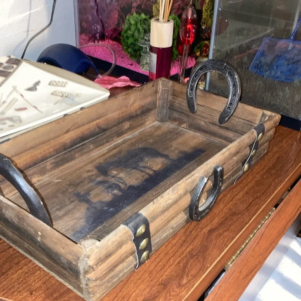 Rustic Wooden Serving Tray with Cowboy Design